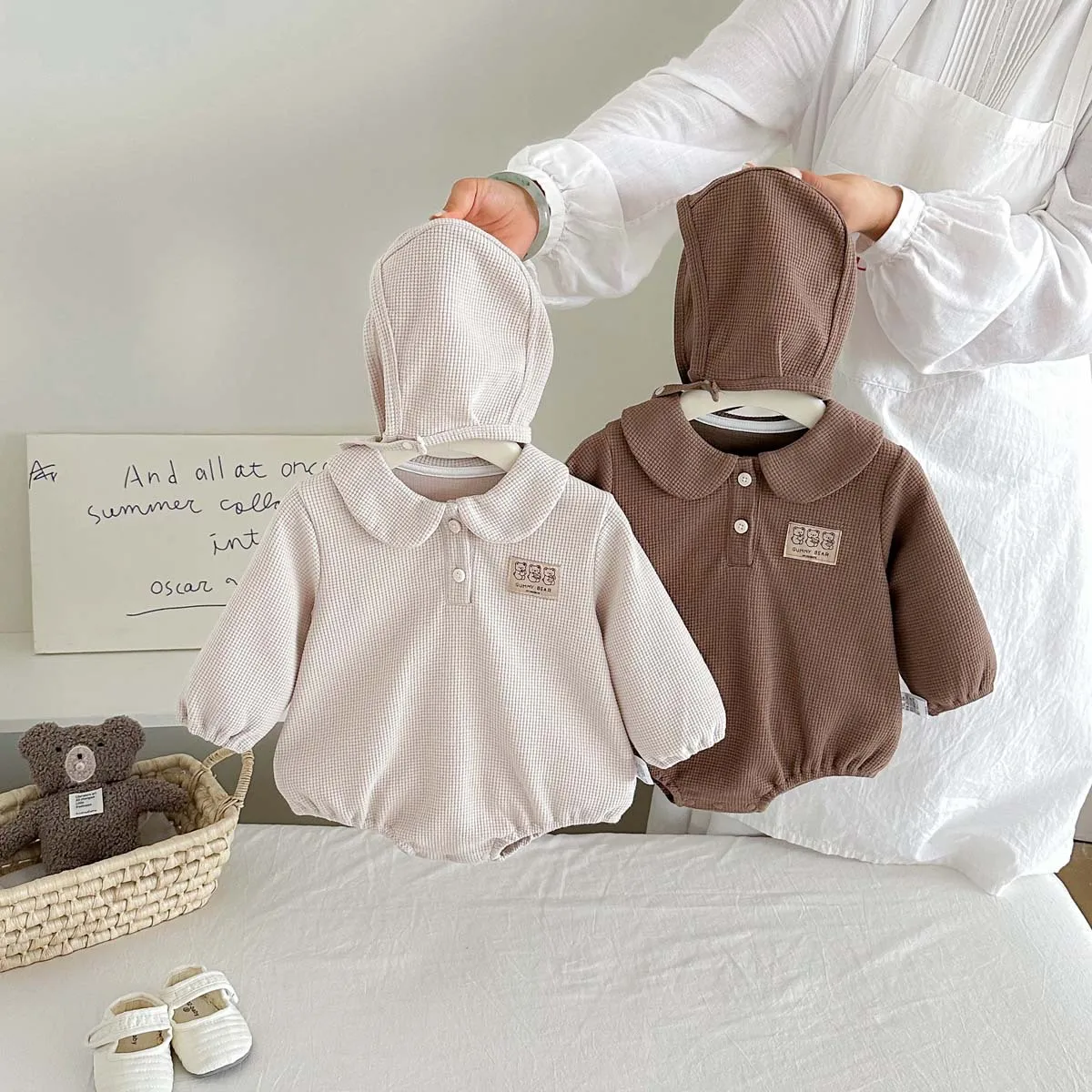 New Autumn Korean-Style Solid Waffle-Knit Long-Sleeve Onesie –(Ruffle/Peter Pan Collar) Baby Romper for Boys & Girls