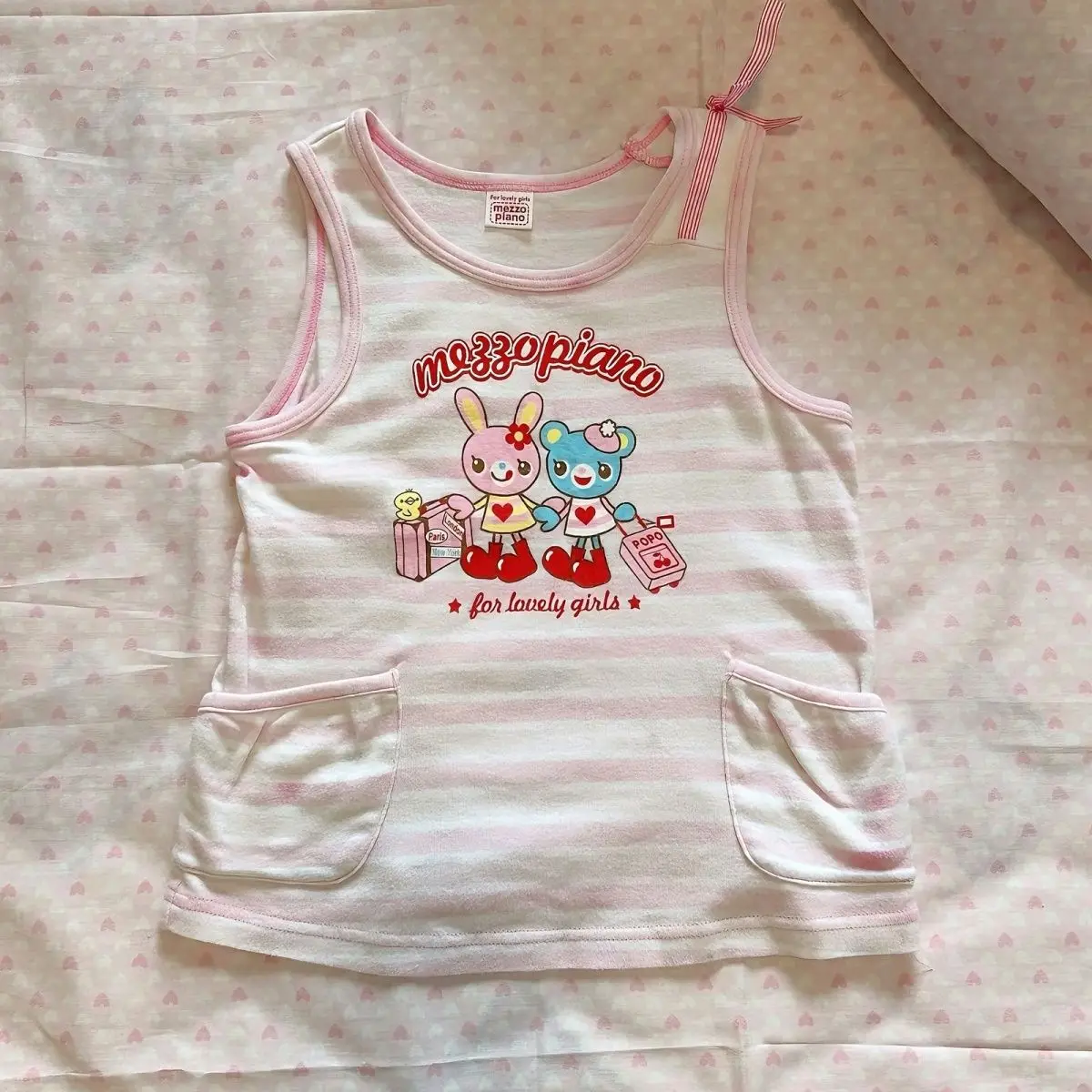 

Korejpaa Summer Ropa Mujer Japanese Tank Top Cute Vintage Striped Pocket Cartoon Sweet Y2k Top Slimming Sleeveless Camis