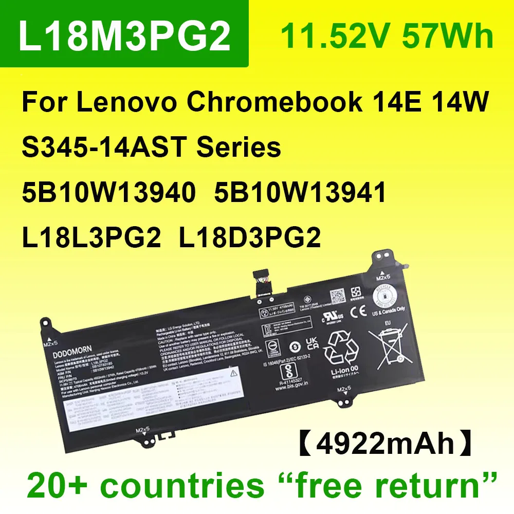 

L18M3PG2 For Lenovo Chromebook S345-14AST 14E Series Compatible with L18L3PG2 L18D3PG2 4922mAh 11.52V 57Wh Laptop Battery