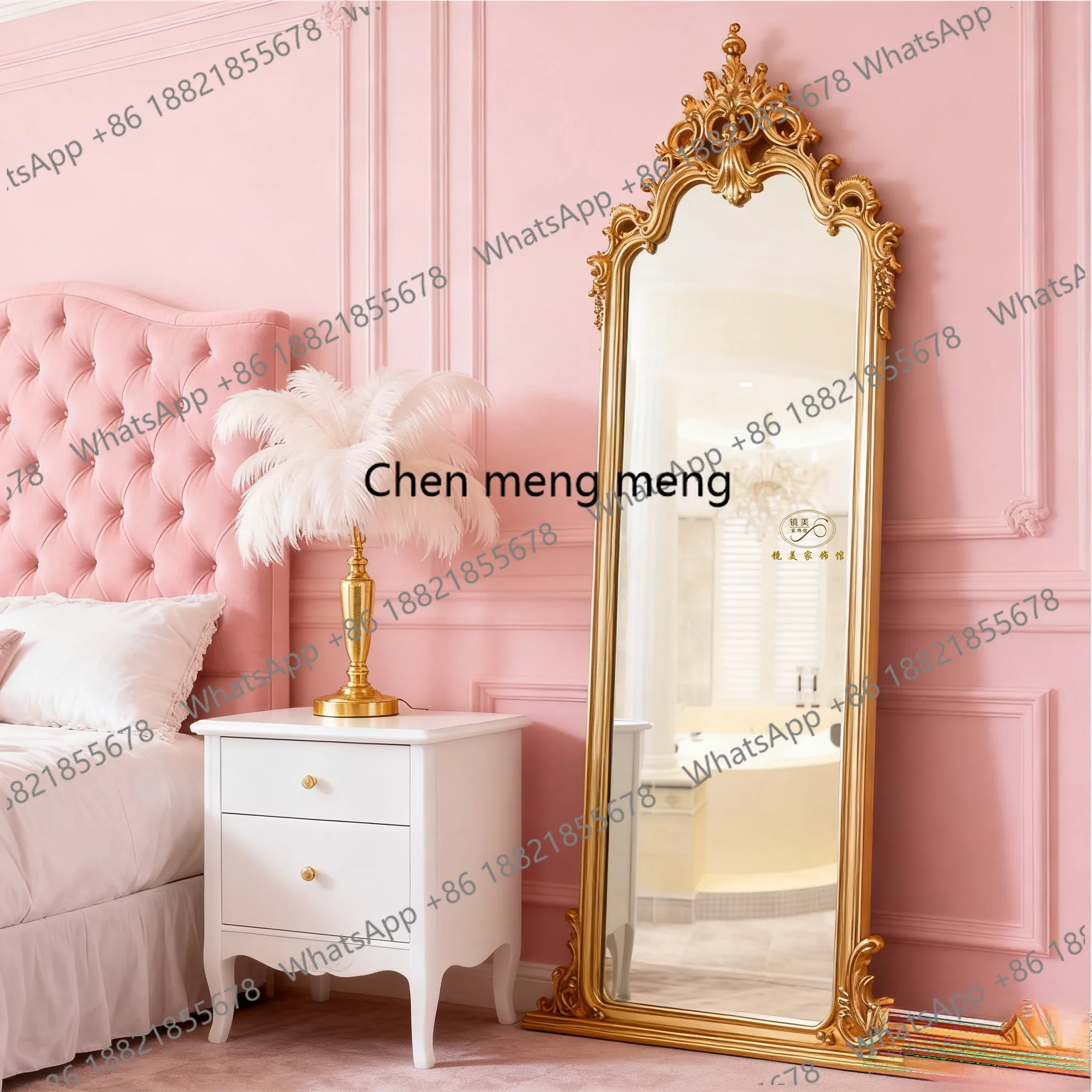 French Retro Carved Full-Length Mirror for Bedroom, American Style Home Cloakroom, Carved Dressing Mirror