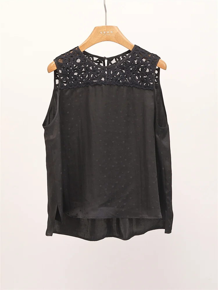 

Silk Cloud Print round Ne Hollow out Embroidery Patchwork Vest Women's Top Faionable Commute Sle Summer Season Regular ...