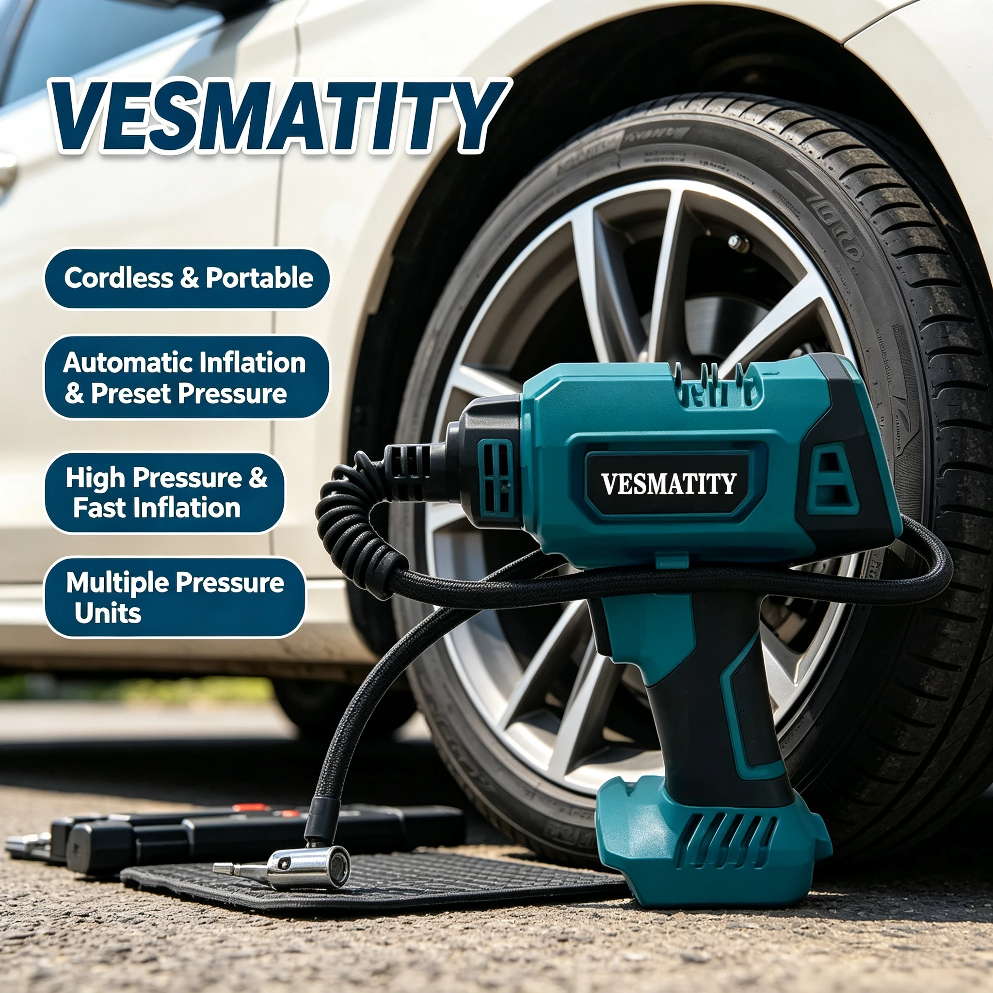 VESMATITY Automatic Car Tire Inflator Pump Handheld Air Compressor for 18V 20V Battery Vehicle Max Pro Plus Use