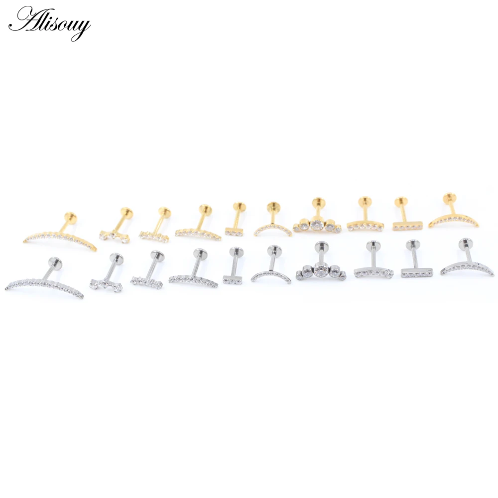 1PC Titanium Moon Curved Round Zircon Internal Thread Labret Lip Ring Ear Tragus Cartilage Stud Earring Body Piercing Jewelry