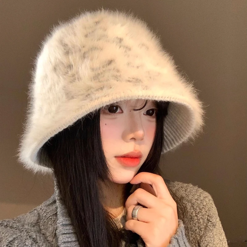 

Retro Leopard Print Plush Knitted Bucket Hats Y2K Autumn and Winter Warm Versatile Show Face Small Korean Sweet Women's Caps