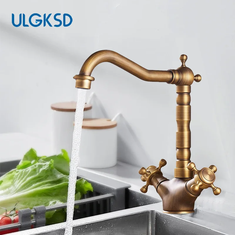 

Ванная комната с двойной ручкой, античная медь, высокий/низкий смеситель для умывальника, смеситель для кухонной мойки, античная латунь, смеситель для горячей и холодной воды, крепление на палубу