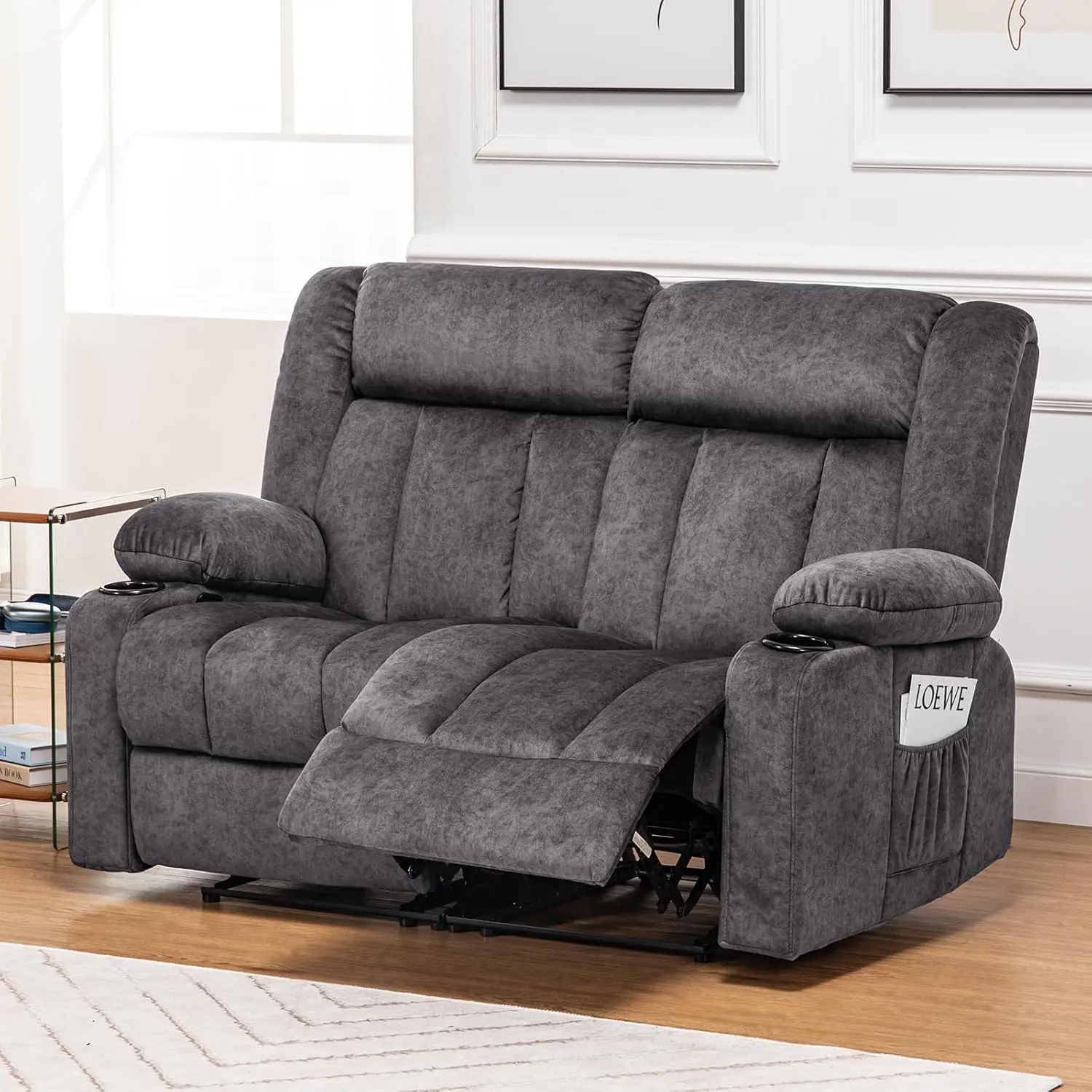 Manual Recliner CouchFabric Reclining Sofa Chair with Cup Holders Upholstered ReclinerChair Set with Side Pockets Suitable