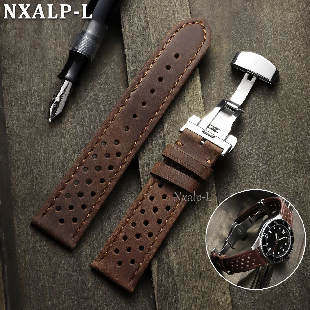 Butterfly Clasp Cowhide Watch Strap Oil Wax&Matte Leather Wristband 18mm 20mm 22mm for Huawei Watch Gt5/4/3 Universal Bracelet