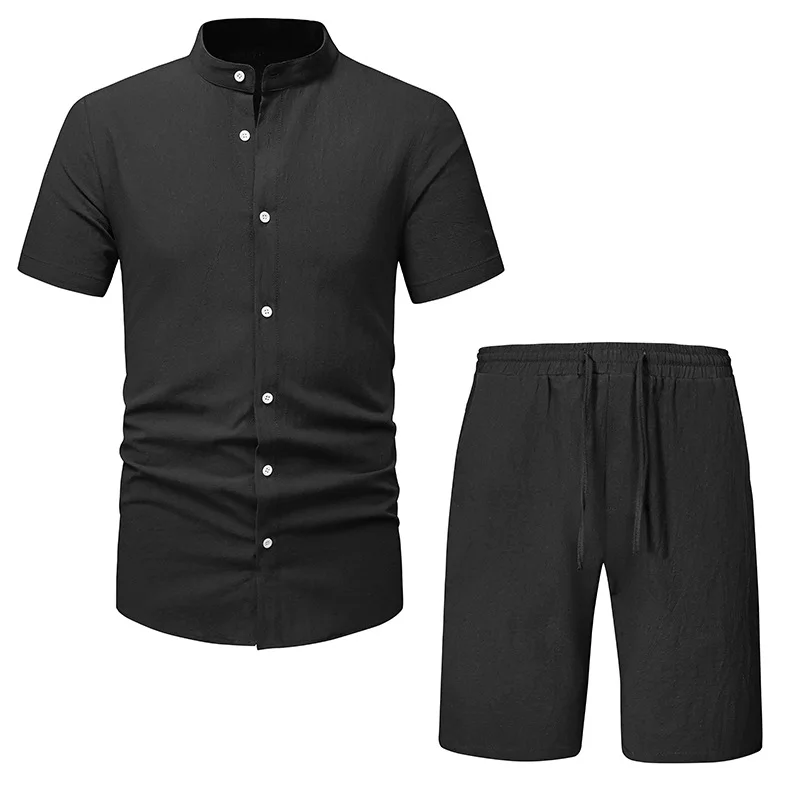 

Black Cotton Linen Shirt Set Summer Men's Casual Outdoor 2 Piece Suit Comfy Breathable Beach Short Sleeve T-shirt+Shorts Sets