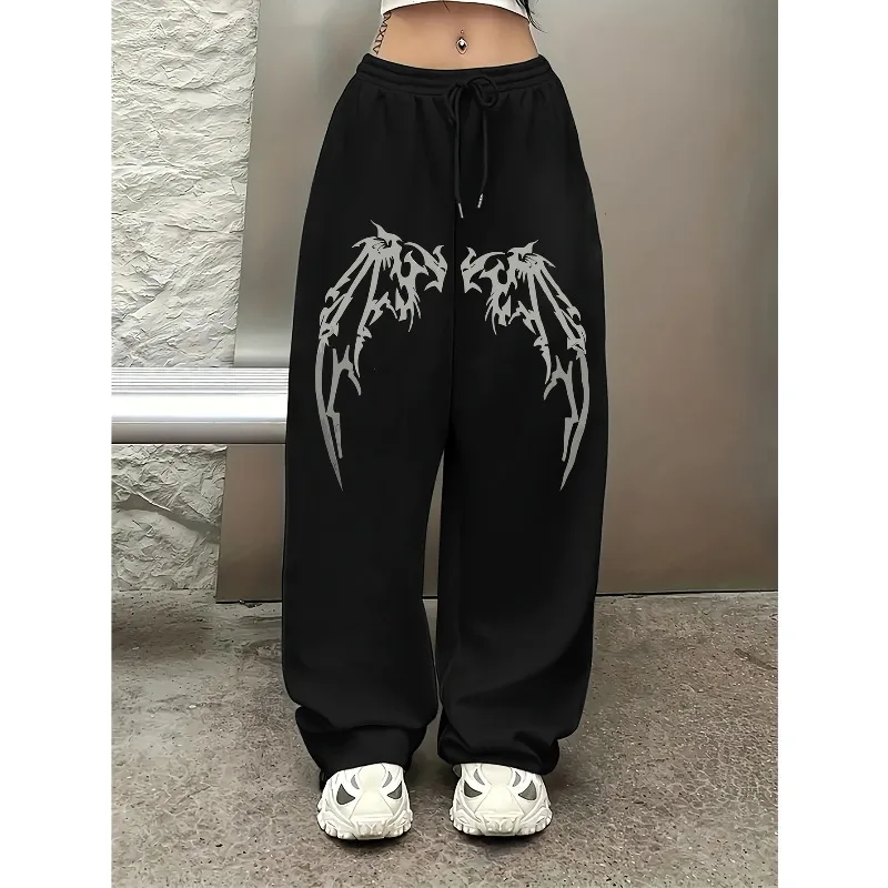 American Style Dark Gothic Wing Printed Women's Wide Leg Pants for Autumn and Winter, New for Both Men and Women