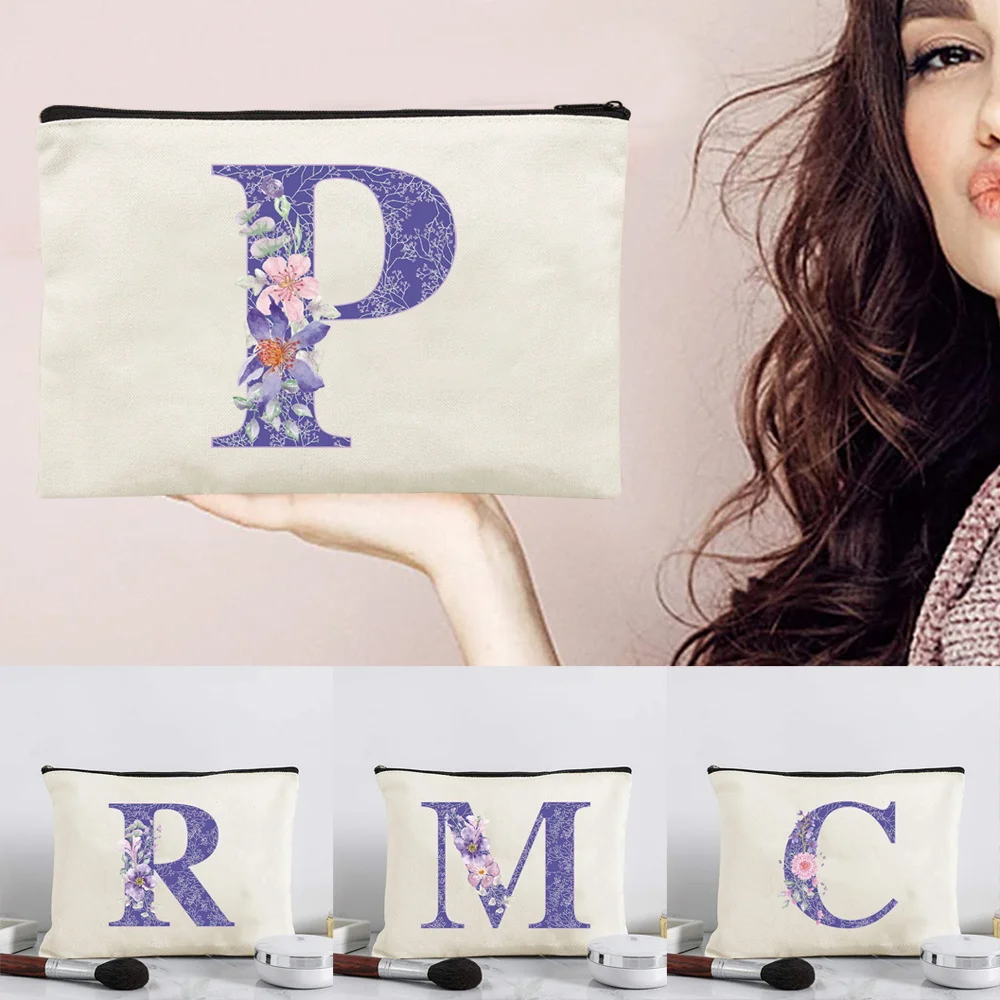 Elegant Beige Canvas Makeup Carry Bag With Purple Flower Letter Print Zipper Cosmetic Pouch for Beauty Tools Everyday Commuting