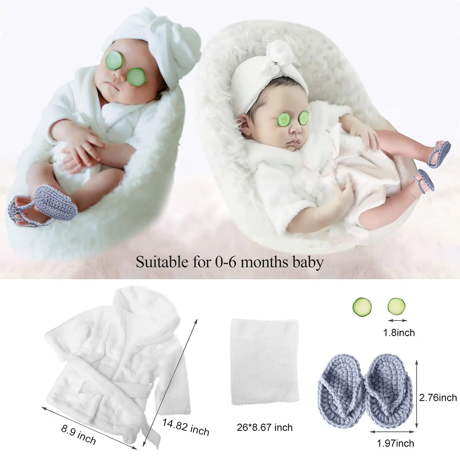 5PCS Newborn Photography Props Baby Girl Bathrobes Bath Towel Outfit with Slippers Cucumber Photo Props for Infant Boys Girls