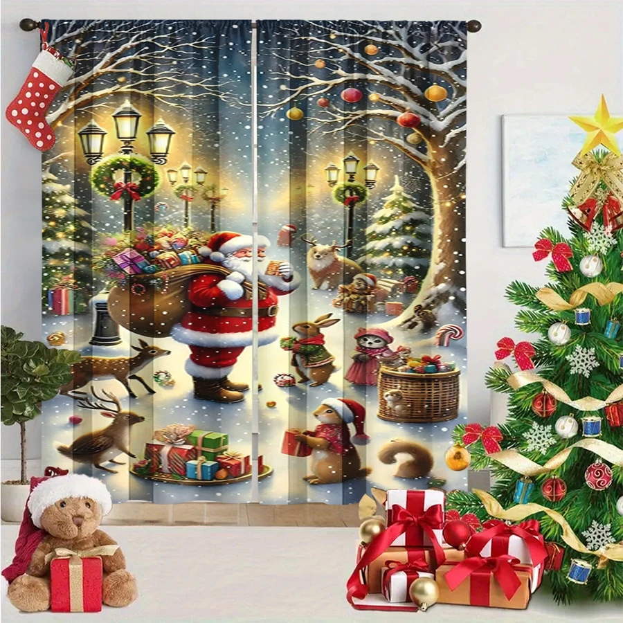 2PCS Digital Print Curtain, Santa Delivering Gifts with Forest Animals, Reindeer Rabbits Squirrels, Snowy, for Window Home Decor