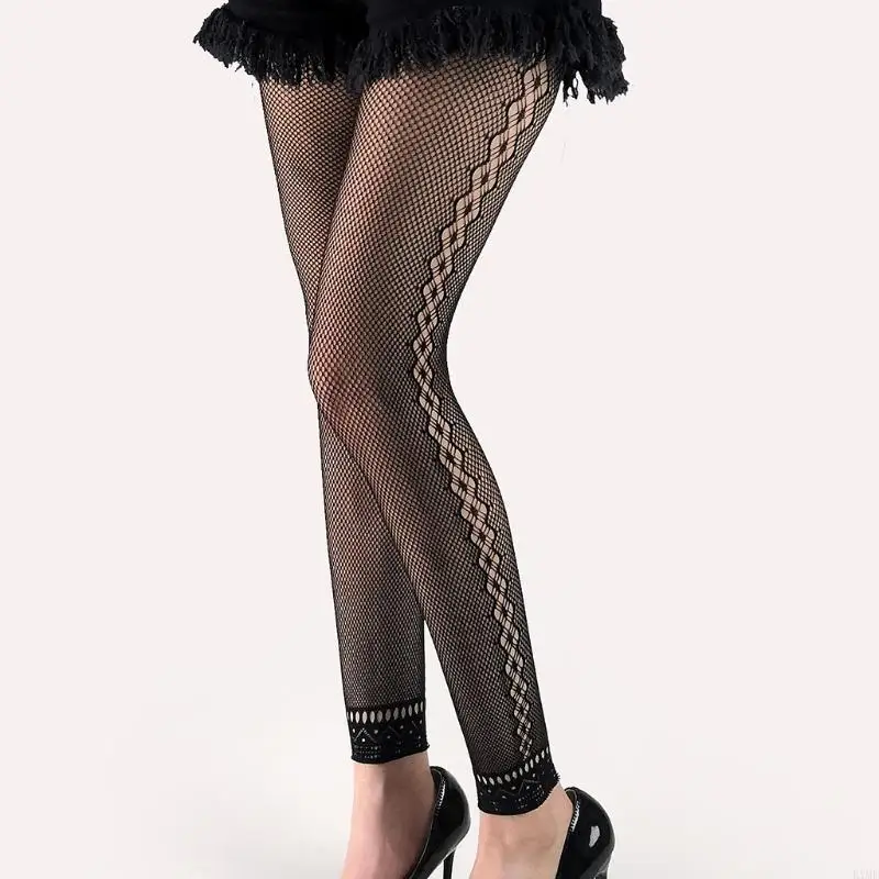 K1ME Women Sexy High Waist Fishnet Footless Leggings Flower Pattern Mesh Ankle Tights