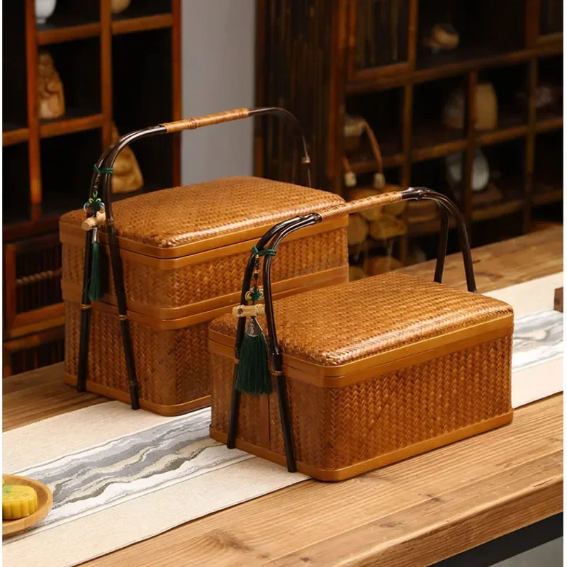 

Chinese Bamboo Woven Basket 2-layers With Cover Moon Cake Box Exquisite Tassel Tea Set Storage Includes Lining Organizing Case