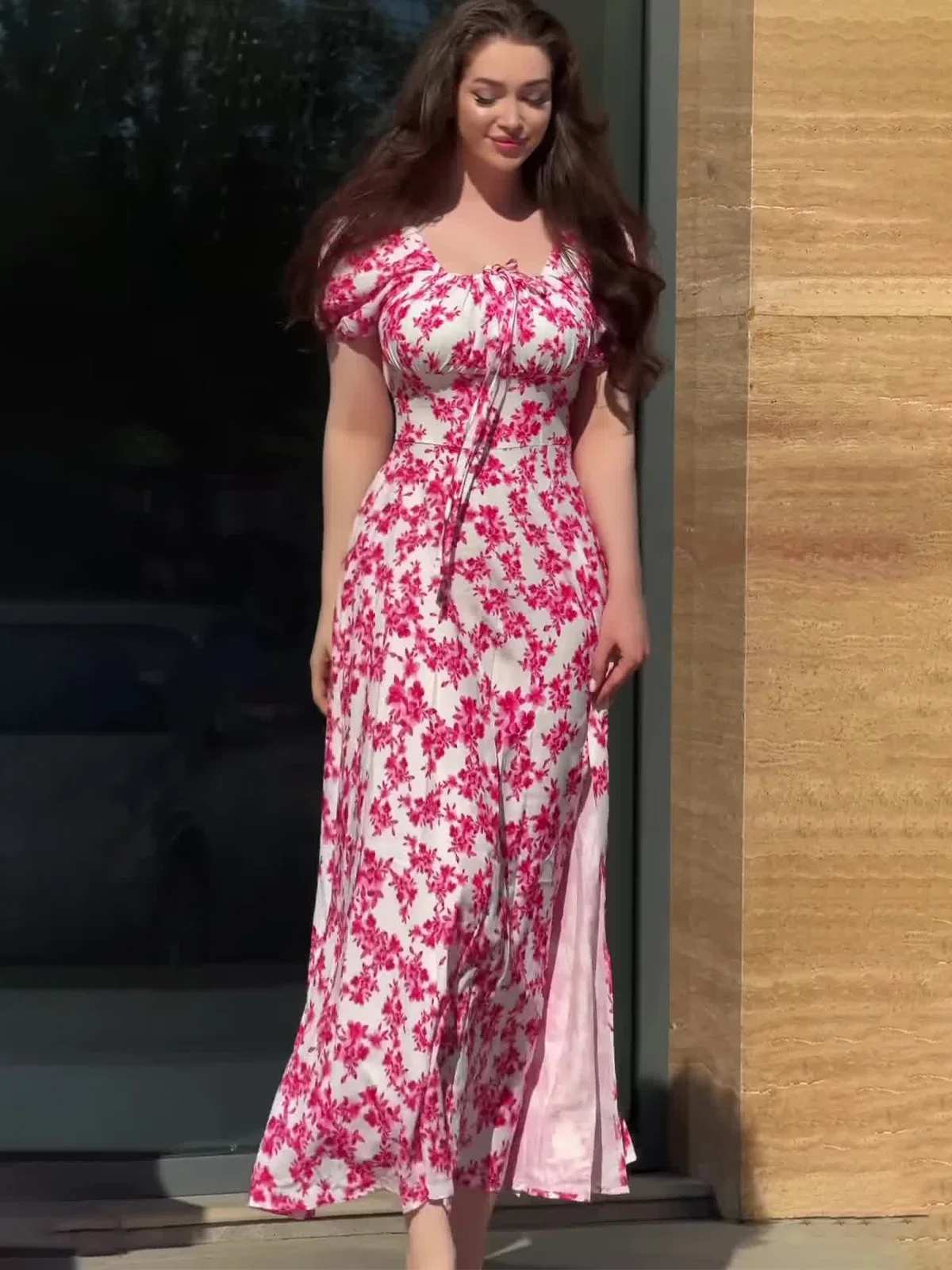 Langes Kleid für Damen, Blumendruck, Maxikleid, Puffärmel, quadratischer Kragen, Schnürung, A-Linie, Bürodame, süß, Vestidos, Sommer 2025,