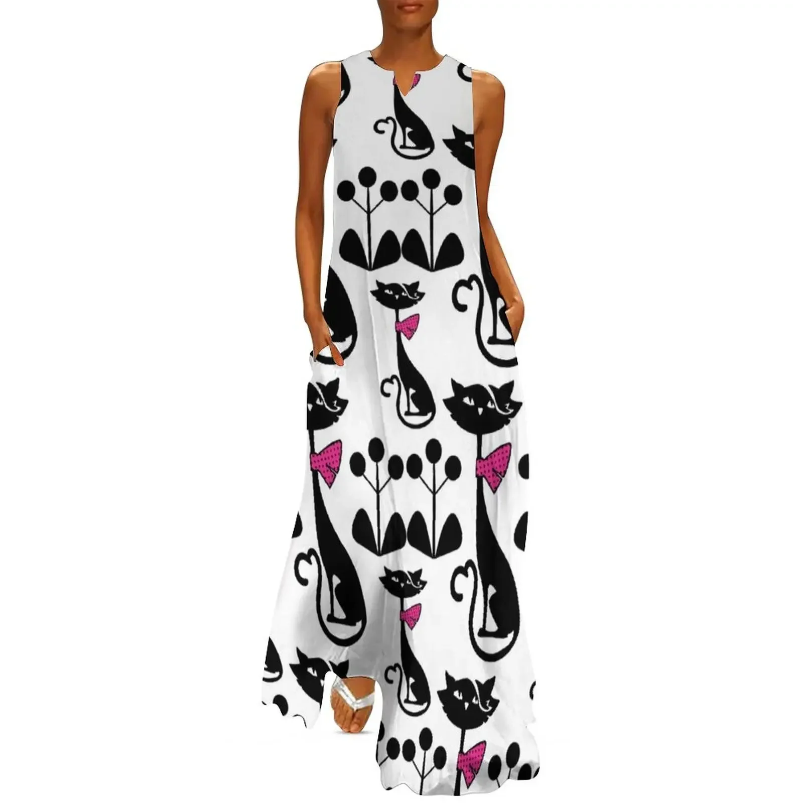 

Mid Century Modern Black And White Atomic Cats Pattern Long Dress Elegant gown Clothing purple dress Dress