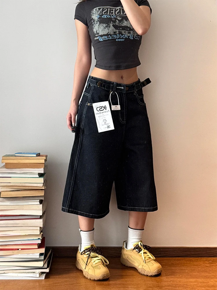 Amerikanische Retro Taille Gerade Bein Lose Jeans orts Frauen Sommer Hohe Taille Schlank High Street Sieben-Fuß Trendy Hosen