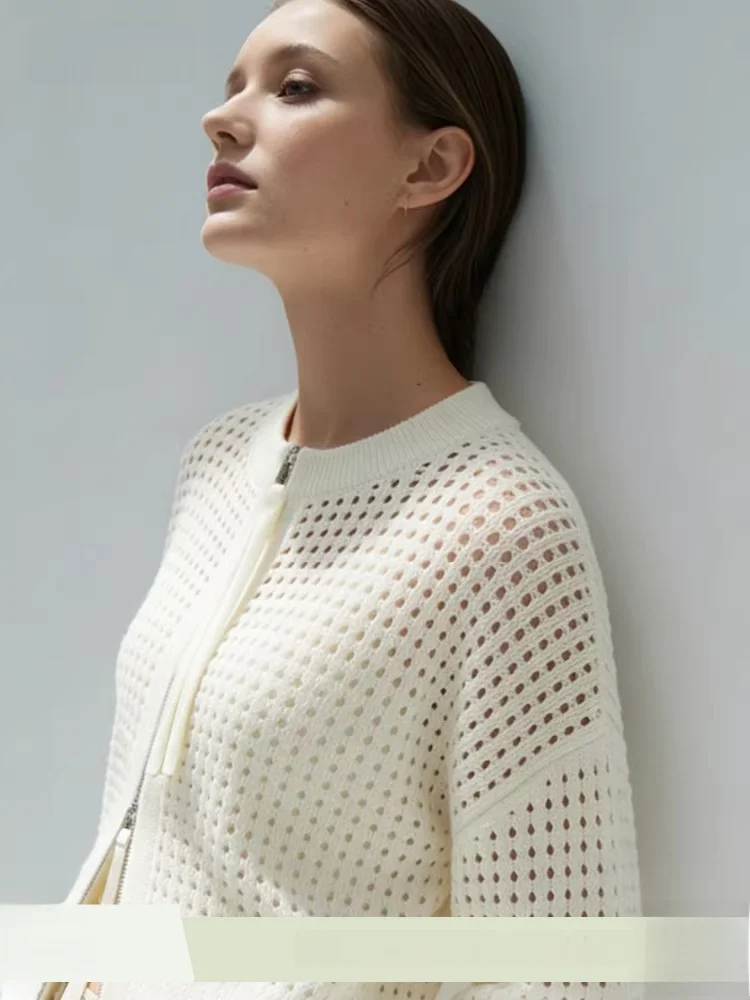 

Новый весенний повседневный круглый открытый кардиган, женский легкий топ на молнии, полый вязаный свободный крой, длинный све