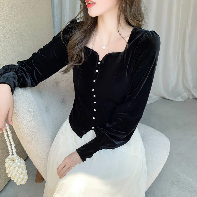 OCEANLOVE Black Velvet Blouses Women Tops Solid Autumn Winter Elegant Vintage Blusas Mujer Korean Fashion Short Shirts Clothing