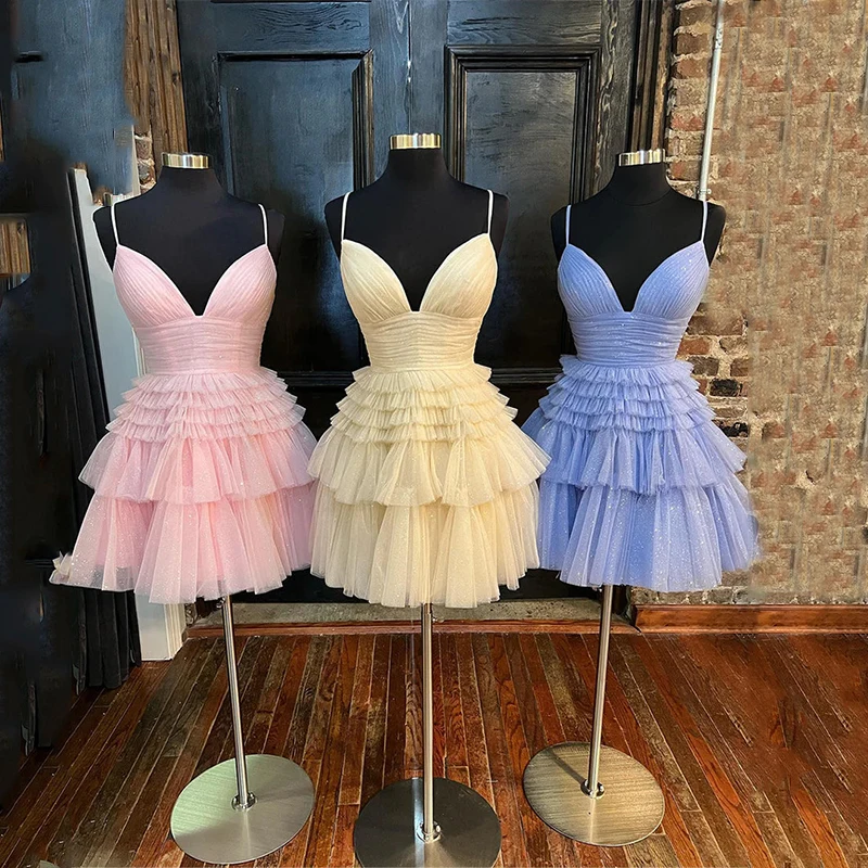 Vestidos plisados De regreso a casa para mujer, vestidos cortos De fiesta De cóctel, cena, graduación, Mini Vestido De sirena con niveles De tul para adolescentes