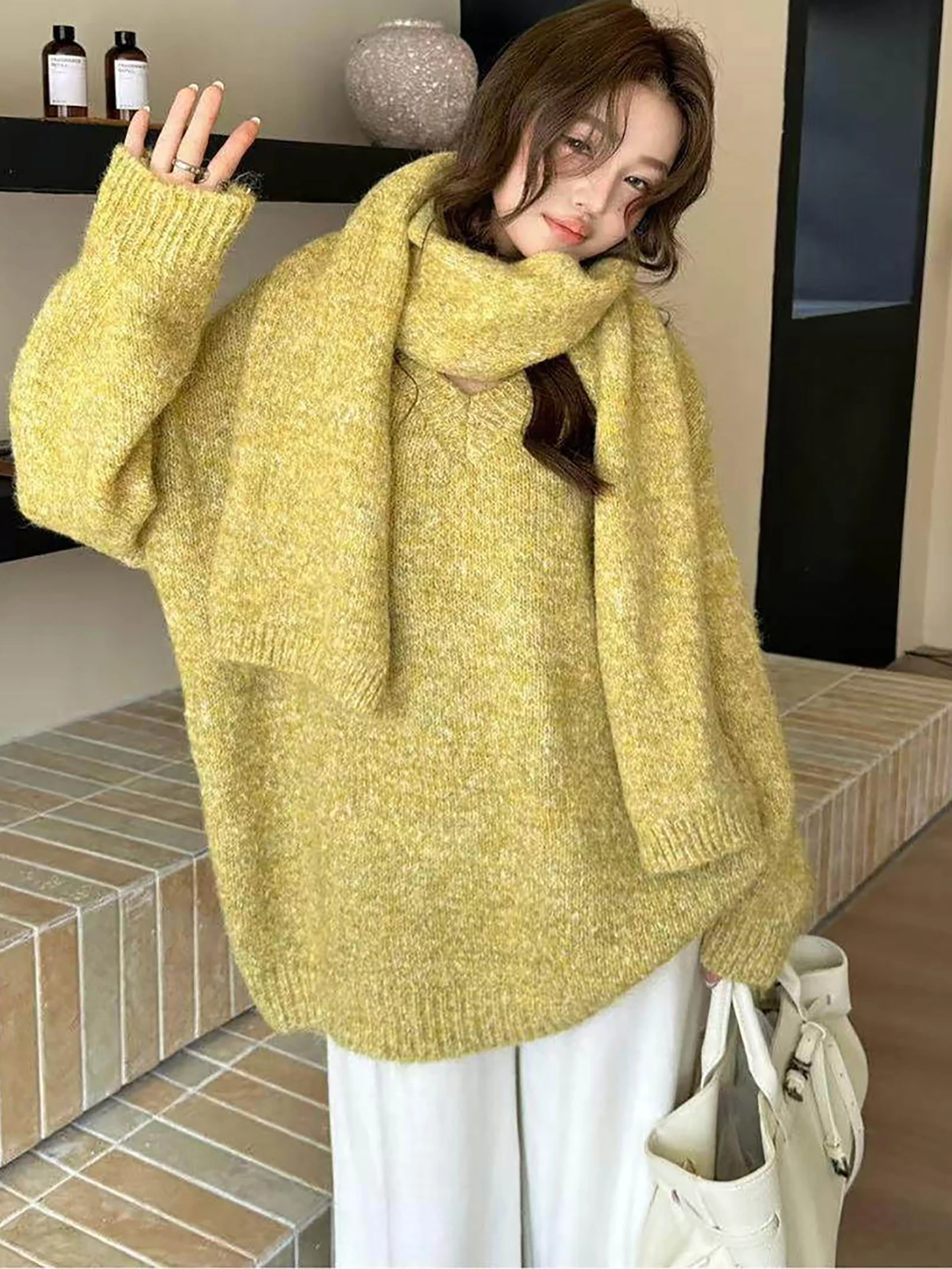 Pull tricoté en mélange de laine pour femme, ample, sensation d'assaut, paresseux, écharpe assortie, nouvelle collection automne hiver