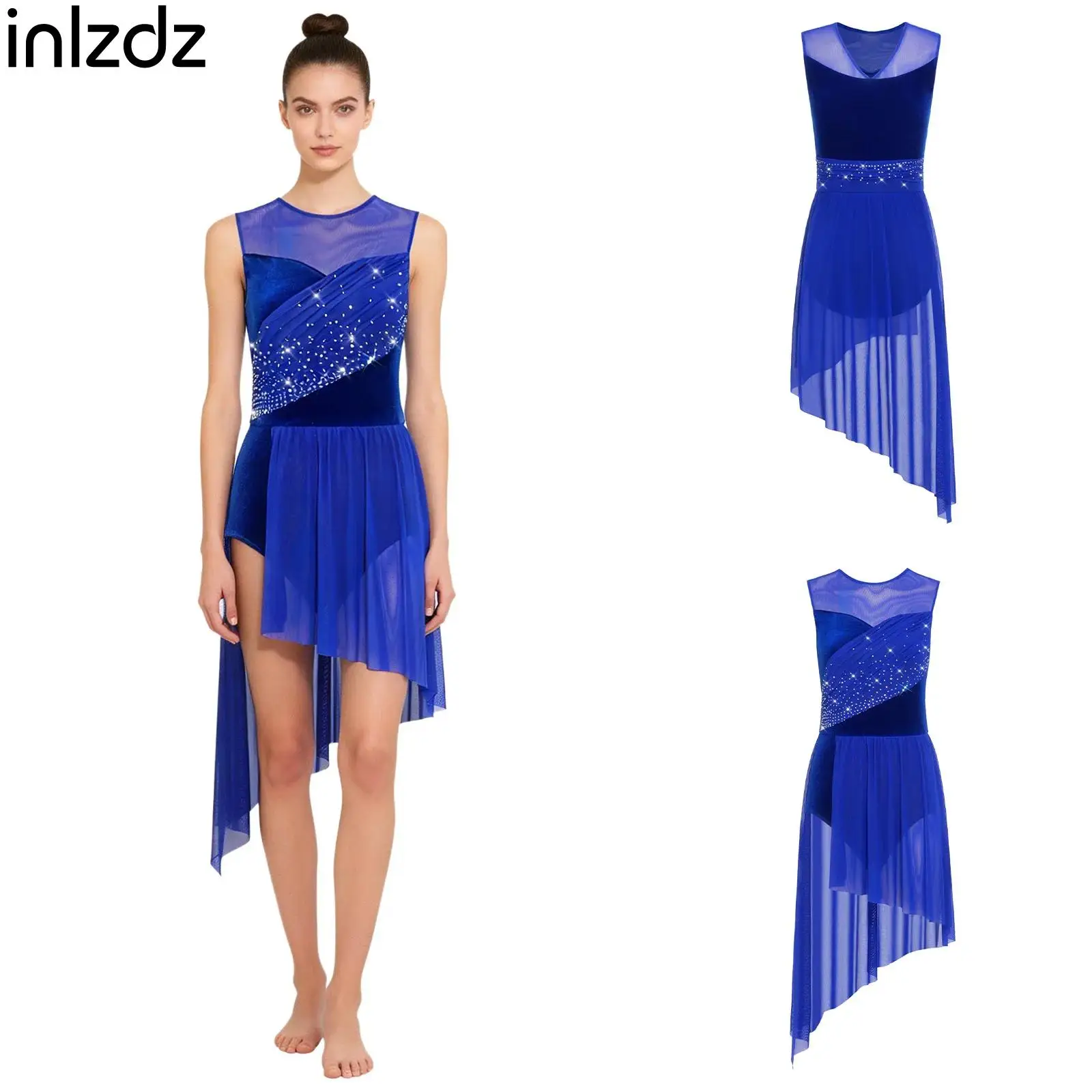 

Lyrical Modern Ballroom Dance Dress Women Sleeveless Rhinestone Figure Skating Performance Bodysuit Ballet Latin Dress Dancewear