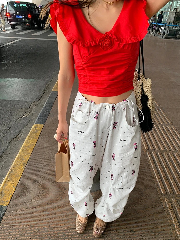 Red Slim Fit Women's Shirt Summer New Design Gathered Waist Flattering Short Sleeve V Neck Cotton Linen Blend Breathable Skin...