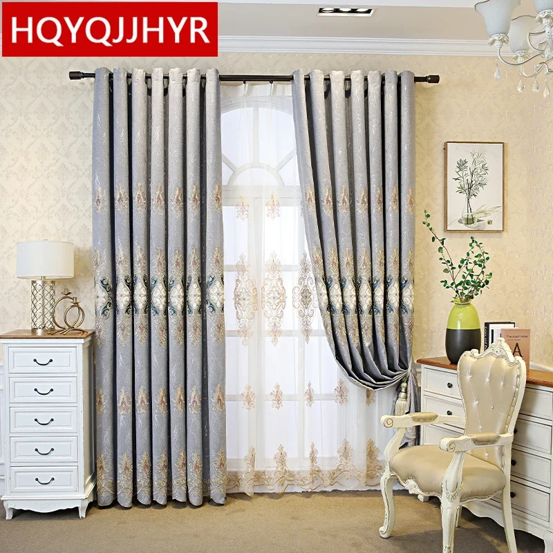 

American luxury embroidered gray blackout curtains for living room high quality decoration custom curtains for bedroom kitchen