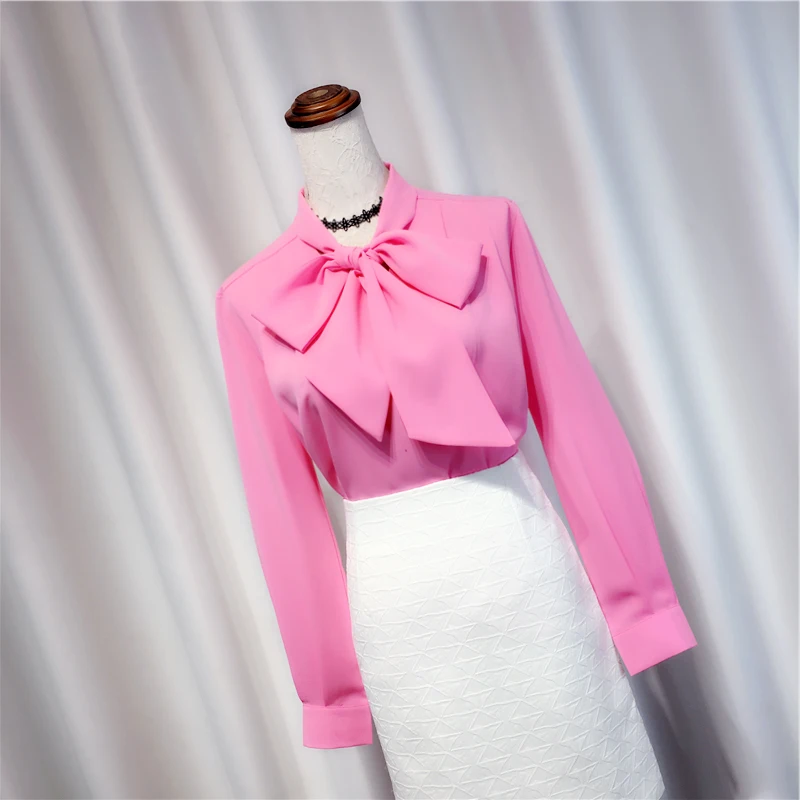 Women's Pink Chiffon Bow Neck Blouse, Long-Sleeved, Slim, Solid, Office Lady, Elegant Outwear, Summer, New