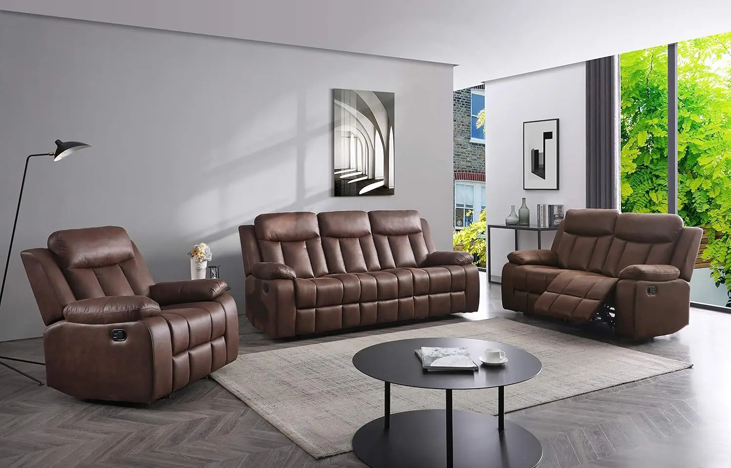 Juego de tela de microfibra para sala de estar, sillón reclinable marrón, almohada, respaldo superior y reposabrazos, 3 piezas