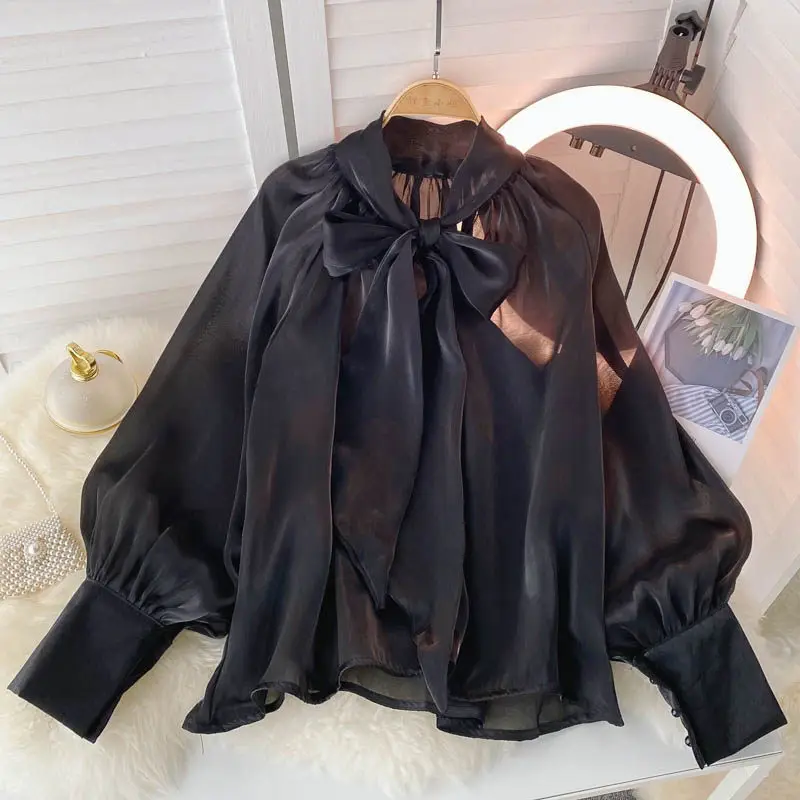 Vintage effen blouse met lange mouwen en pofmouwen Koreaanse mode Sexy kantoordame Shirt dameskleding