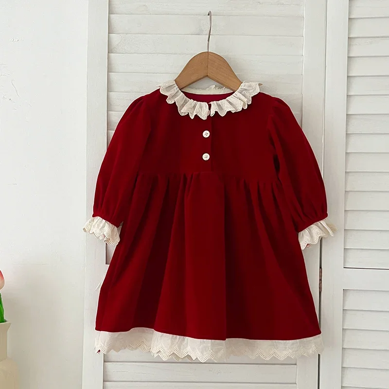 Christmas Party Dress Baby Girl Lace Princess Ruffle Satin Finish Dress Fashion Christmas Holiday Autumn Winter Wear Kids Girl