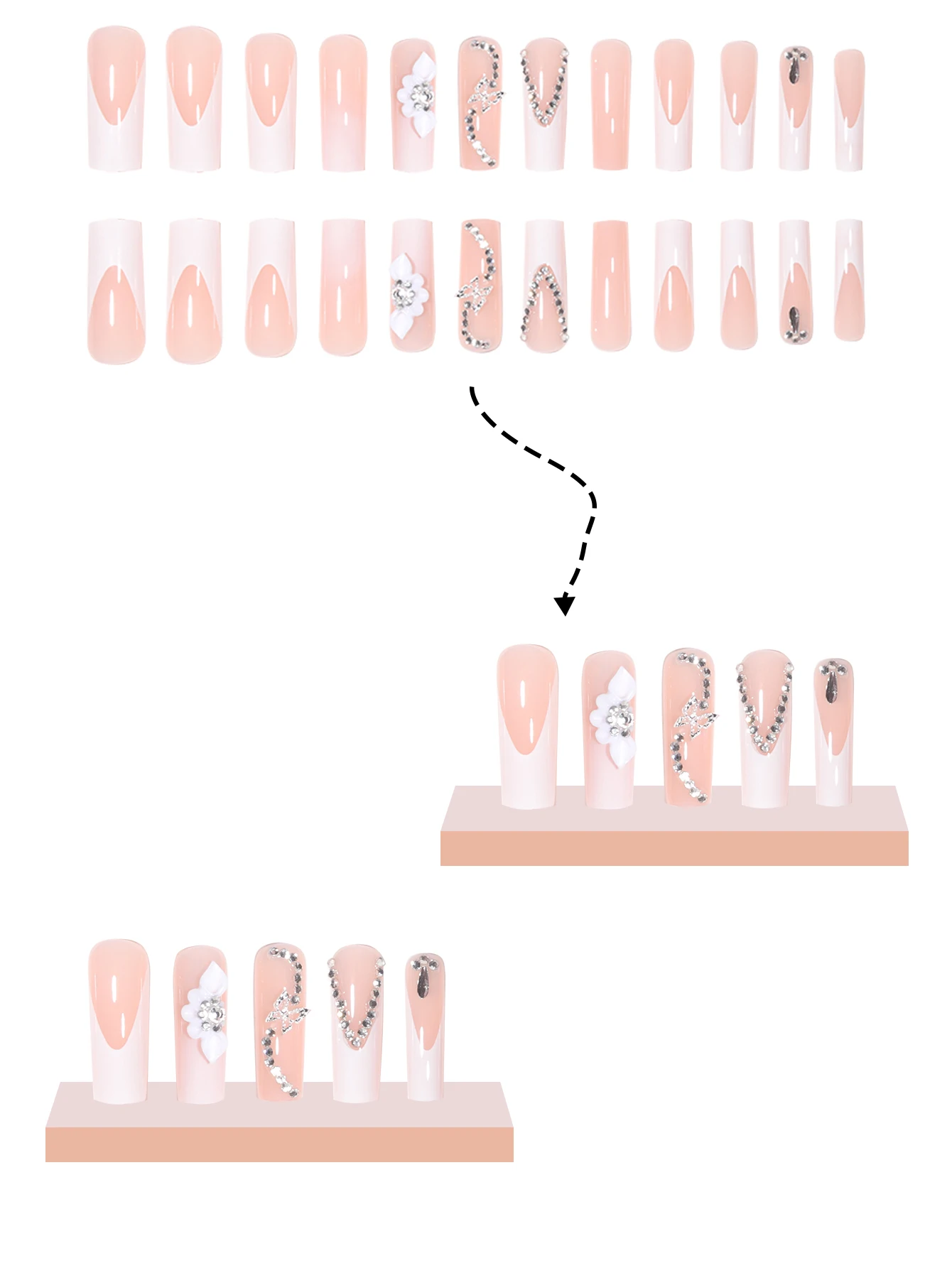 24 Long Coffins with French Patterns, Flowers, Butterfly Dots, Diamond Shiny Fake Nails, 1 Nail File, and 1 Piece of Jelly Glue