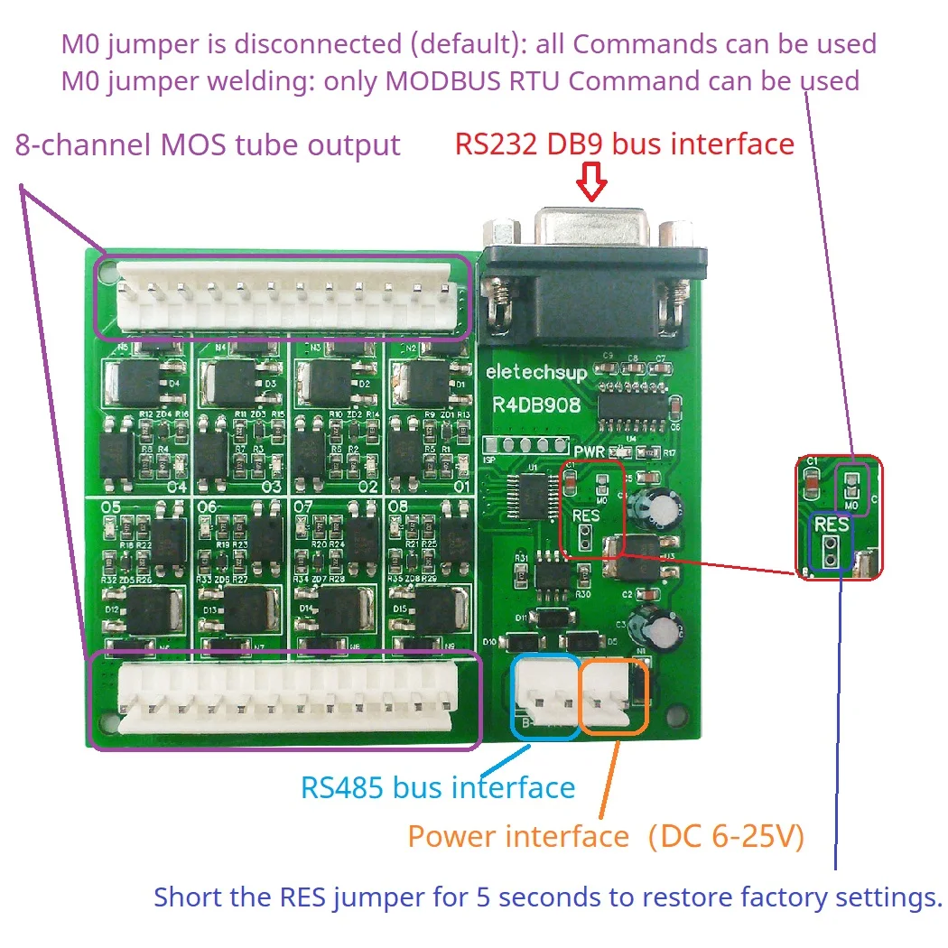 8DO DC 12V-24V RS485 RS232 DB9 Multifunctional Solid State Relay Module 30N06 N-MOS Isolation Output VH3.96 Connector