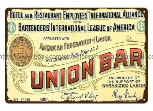 Union Bar bartenders International League hotel restaurant employees metal tin