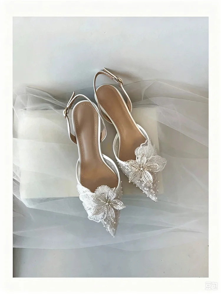 Summer Summer new pointed toe back strap white lace bead flower wedding shoes banquet slim heel high-heeled rhinestone women's sandals - Aliexpress Deal
