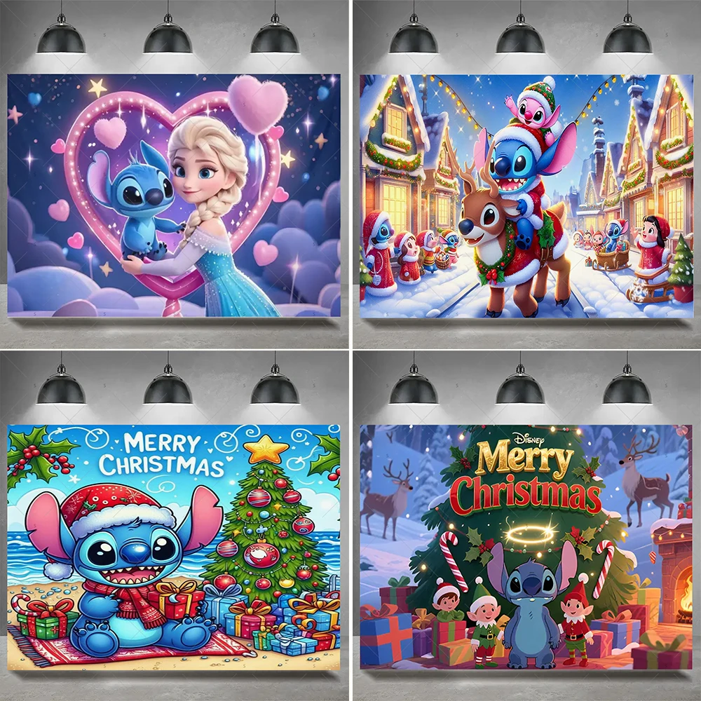 

Disney Stitch Merry Christmas Backdrop Kids Xmas Party Decoration Background Birthday Gift Baby Shower Supplies Photography Prop