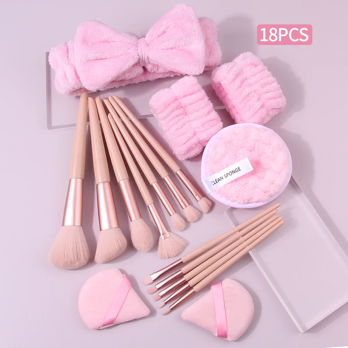 18個入り多目的メイクブラシセット＆ソフトヘアバンドリストバンド、丸型パウダーパフ＆ノンスティック扇形パウダーパフ