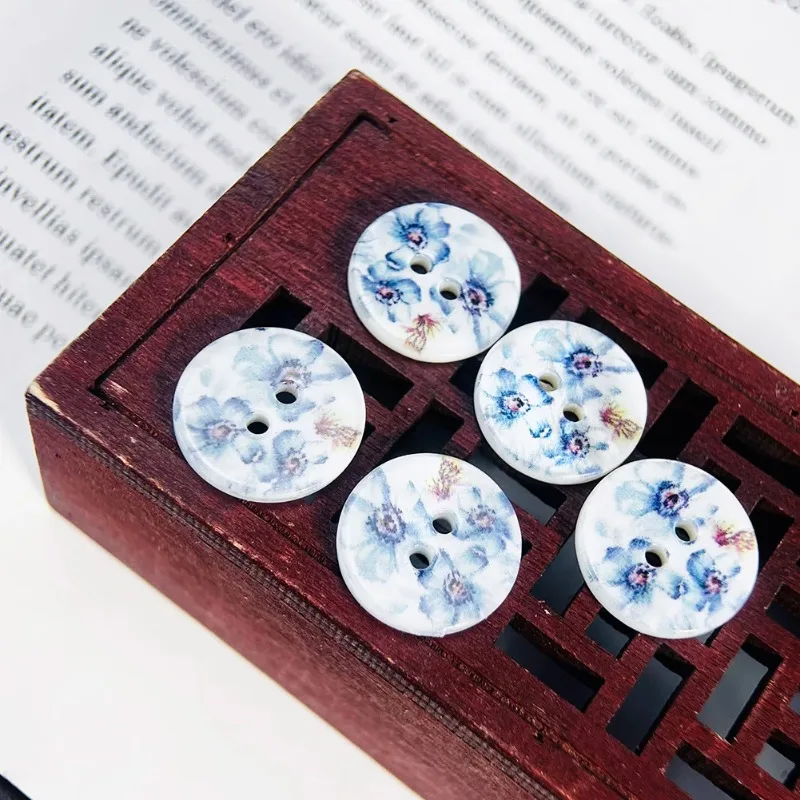 5PCS Blue Forget-me-not Peony Flower Real Mother of Pearl Shell 2-holes Flatback Round Buttons DIY Shirt Cufflinks Sewing Crafts