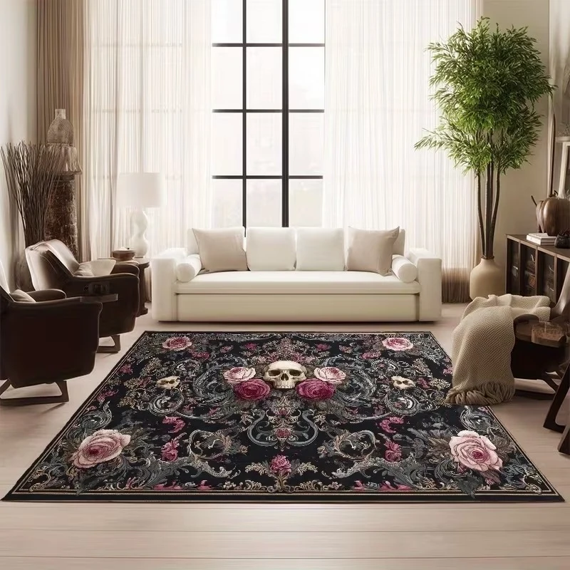 VIKAMA Gothic Skull & Rose Area Rug, Non-Slip Washable Dark Floral Carpet, Dark Academia Vintage Floor Mat for Living Room Decor