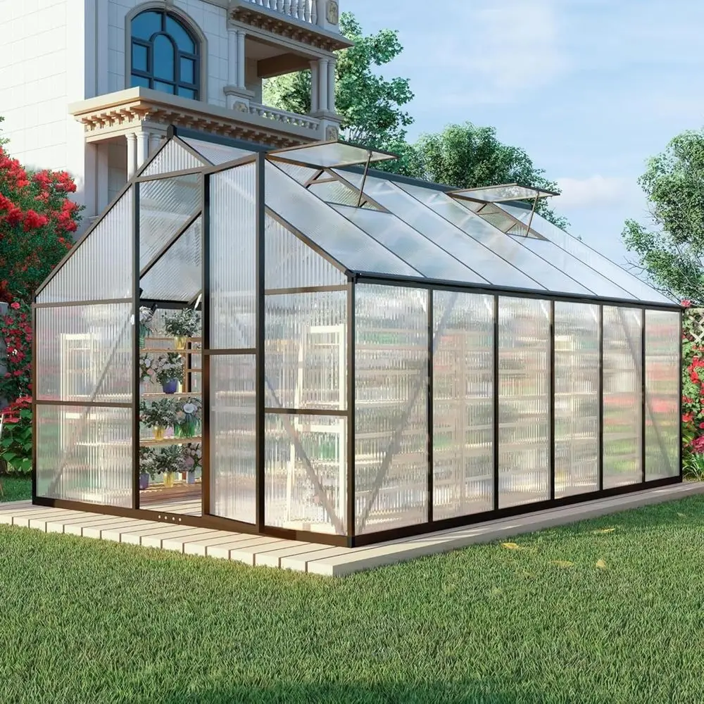 Quick-Setup Walk-In Greenhouse with Roof Vent for Outdoor Gardening, Gray