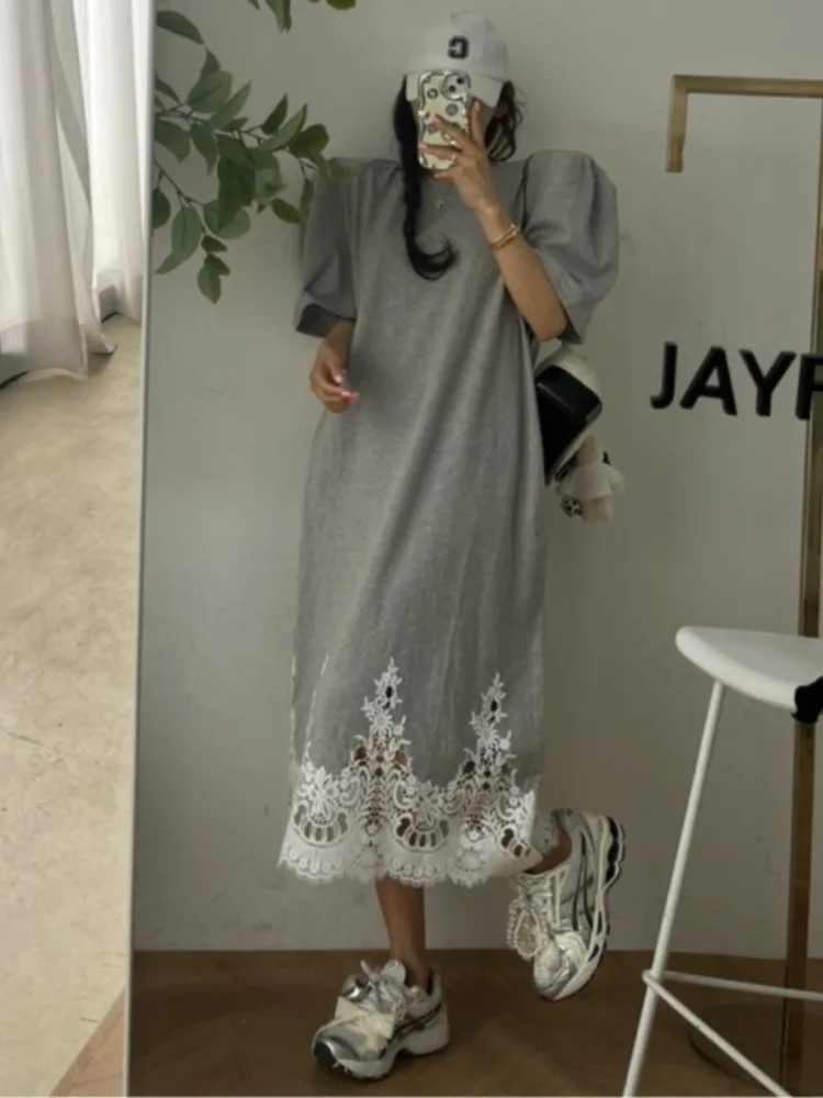 

Chic round Ne Loose Mid-Length T-irt Dr Lace Splicing ort Sve Women's Summer Faion Casual Dres
