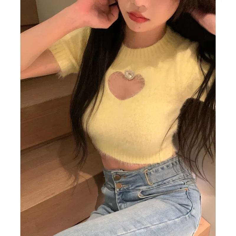 Pure Desire Spicy Girl Style Heart Hollow Out Plush Imitation Mink Fur Short Sleeved Shirt, Knitted Sweater Base, Women's Solid