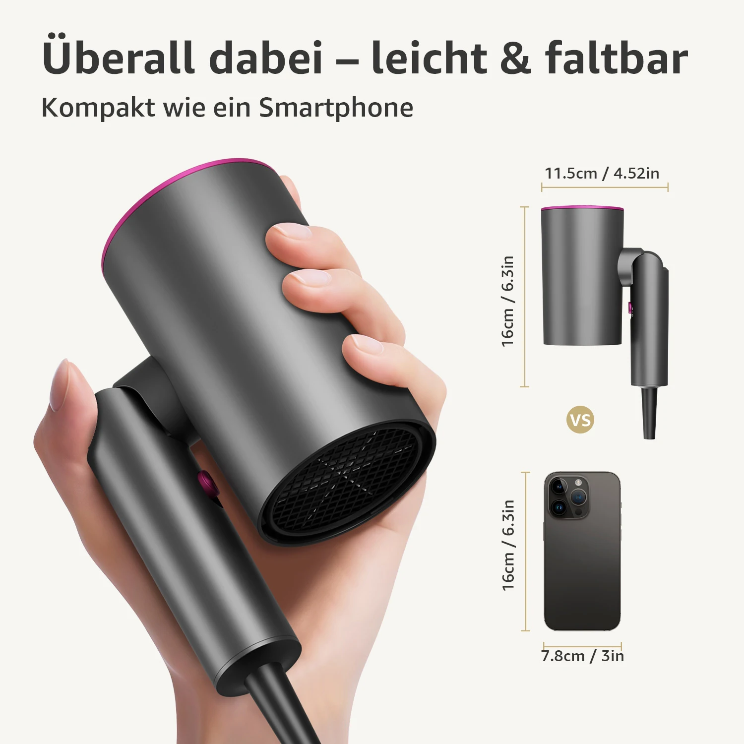 مجفف شعر احترافي بتقنية الأيونات السالبة والتجفيف السريع في الدقائق - 3 إعدادات للسرعة/الحرارة (عالية/منخفضة/ECO)