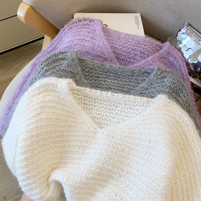 المرأة الأرجواني الخامس الرقبة سترة متماسكة سترة مريحة خمر الكورية نمط طويل الأكمام عيد الميلاد سترة الكشمير المعنقة 2000s الملابس 2025 #5