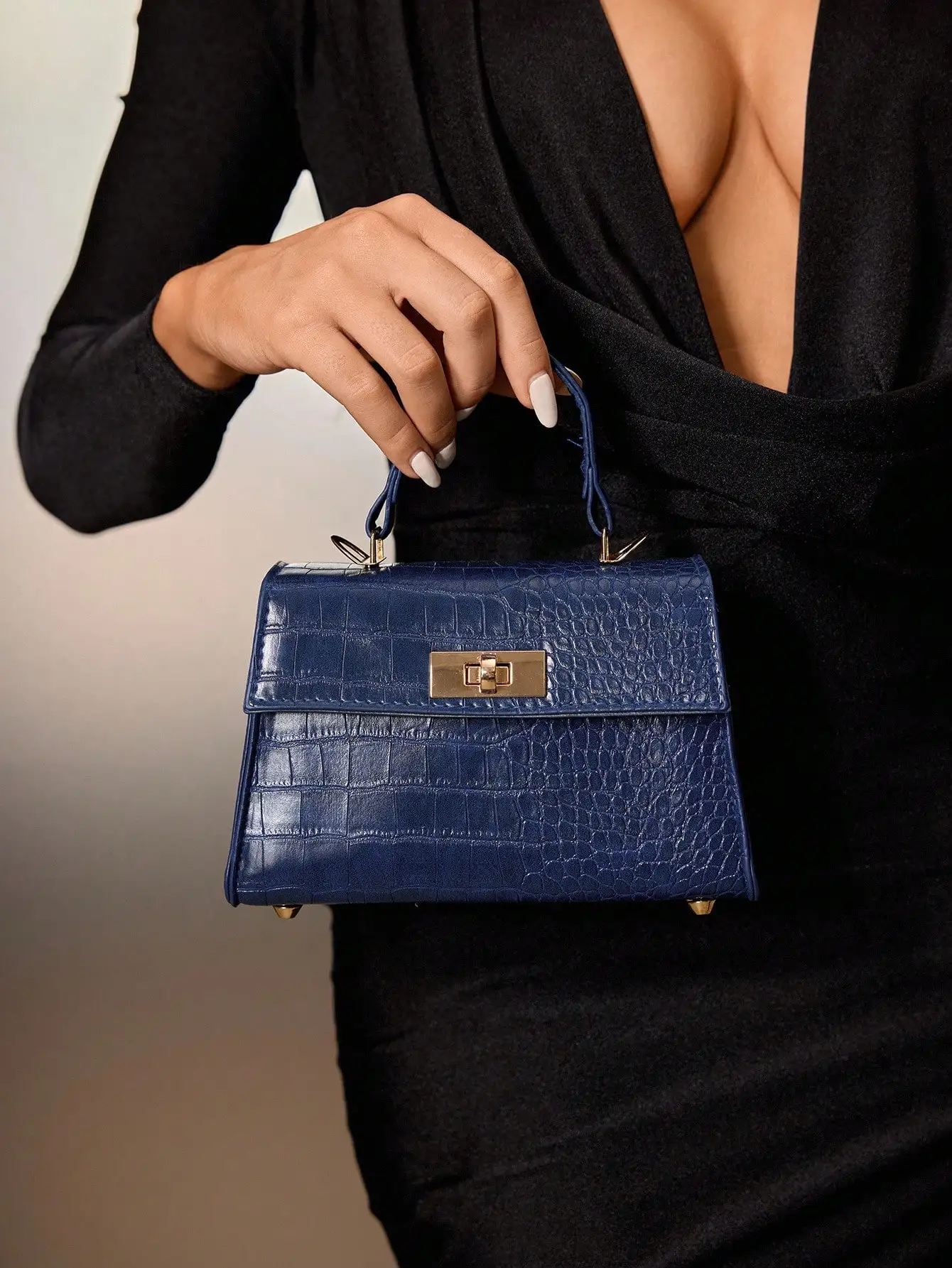 

Mini Square Top-Handle Handbag with Crocodile Texture and Gold Clasp