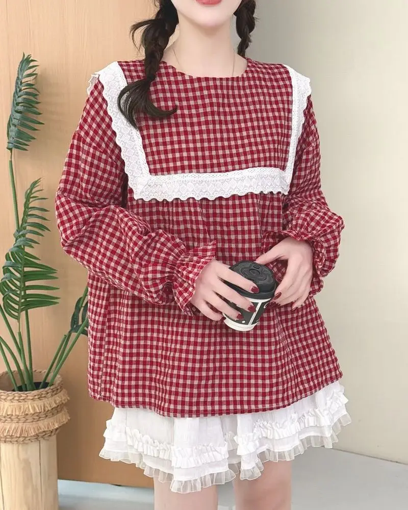 New 2026 Autumn Women Cotton Long Sleeve Shirt, Stand Plaid Lace Patchwork, Mori Girl French Preppy Style Loose Blouse T69418CC