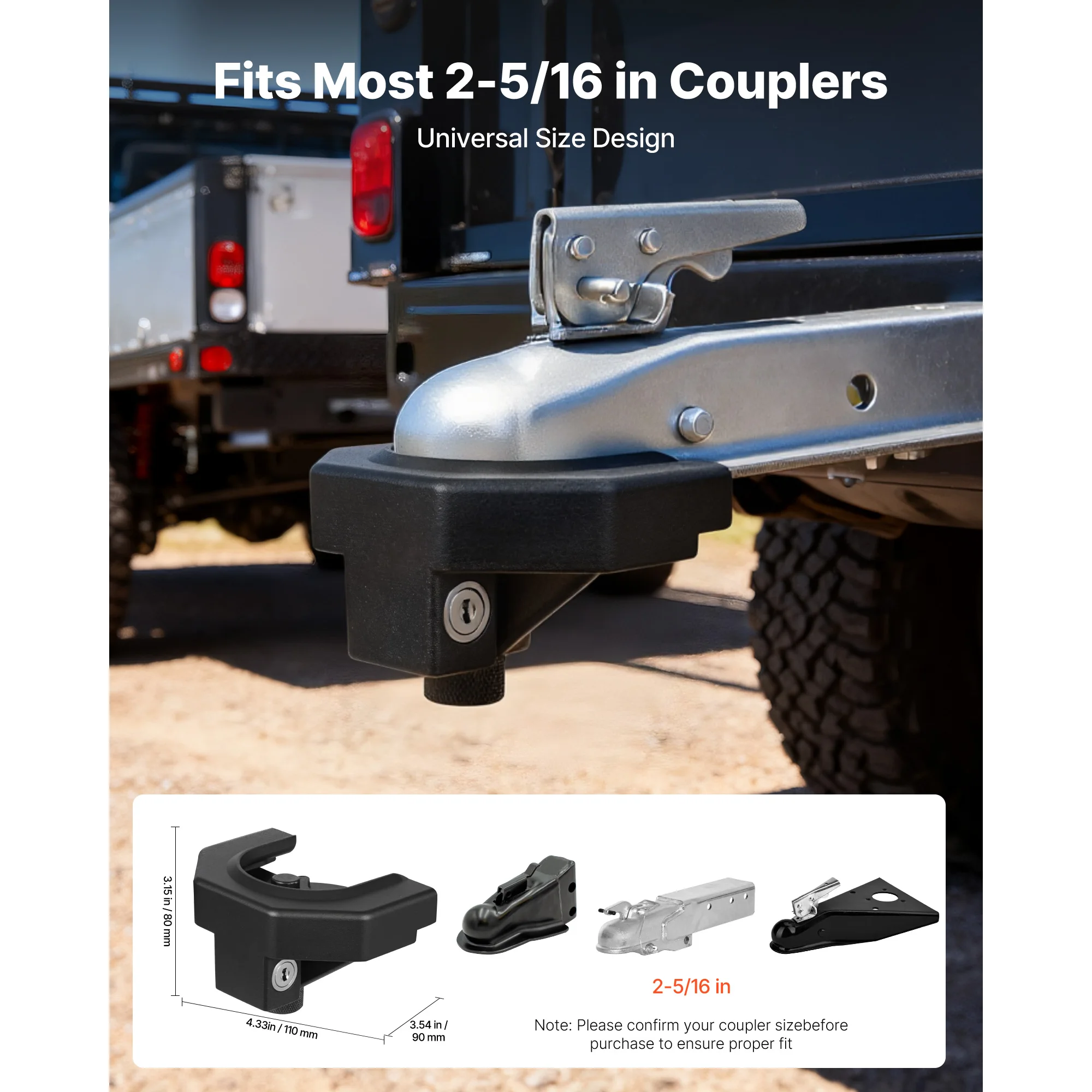 Trailer Hitch Lock Kit, Compatible with 2-5/16 in Couplers, Heavy-Duty Anti-Theft Trailer Ball Lock with 3 Keys & Padlock, Prying-Resistant & Impact-Resistant, Boats, Trailers, Compatible with RVs