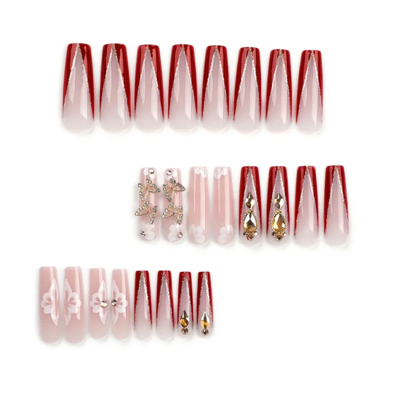 24Pcs Wearable Red Long Coffin Fake Nails Rhinestone Design Ballet Full Cover Press on Nails Tips Square False Nails with Glue