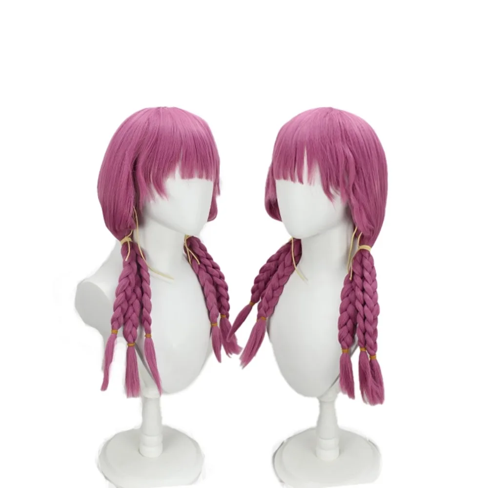 Peruca cosplay Frieren Aura cabelo trançado rosa roxo